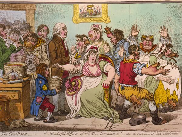 Karikatur zu Impfgegnern, die befürchteten, durch die Pockenimpfung zu Kühen zu werden (1802) © Wikimedia Commons/Public domain/James Gillray