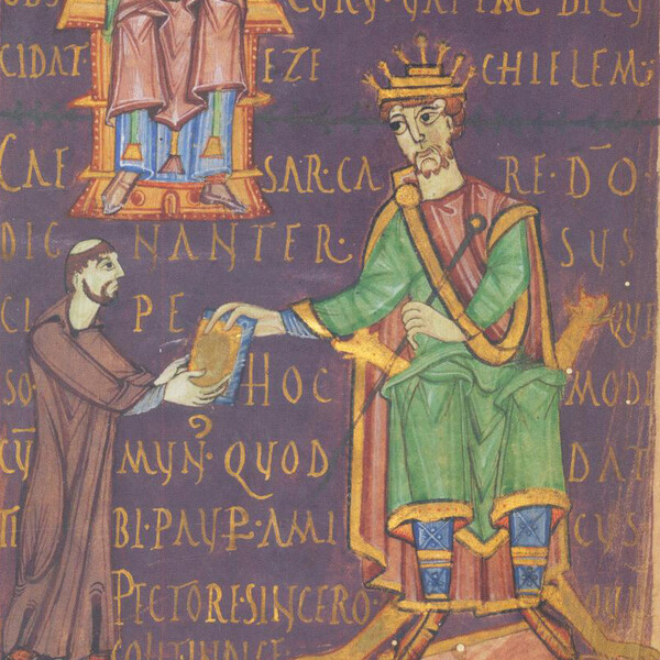 Ein Mönch überreicht Gregor dem Großen einen Codex © Staatsbibliothek Bamberg, Msc. Bibl. 84, fol. 1av